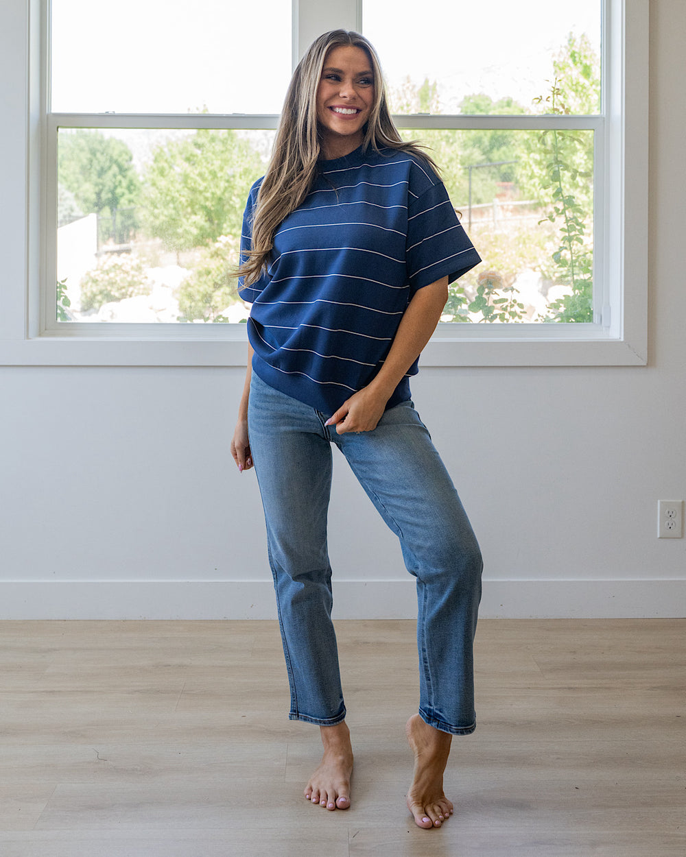 Macey Scuba Fabric Striped Top - Smoky Navy & Cream Rae Mode