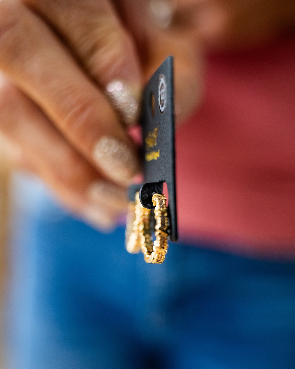 Textured Round Huggie Earrings with Rhinestones - Gold Trendy Wholesale