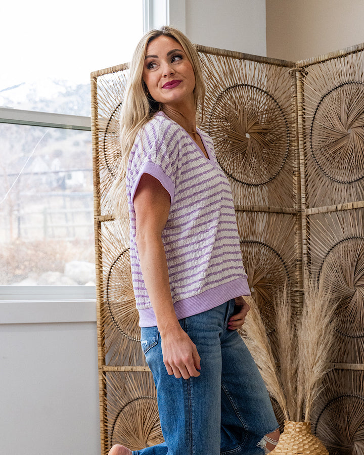 This Love Textured Striped V Neck Top - Lavender SALE Lovely Melody