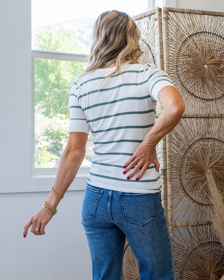 Carrie Ribbed Scoop Neck Striped Henley Top - Spruce SALE Be Cool