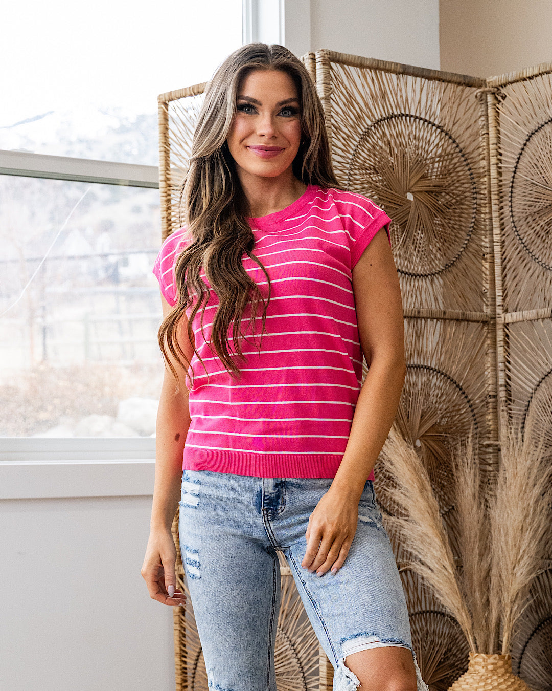 Allie Striped Short Sleeve Sweater - Color Options Available Staccato Hot Pink