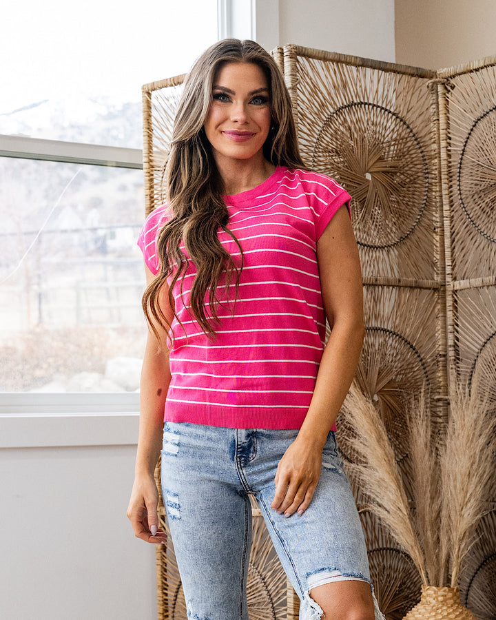 Allie Striped Short Sleeve Sweater - Color Options Available Staccato Hot Pink