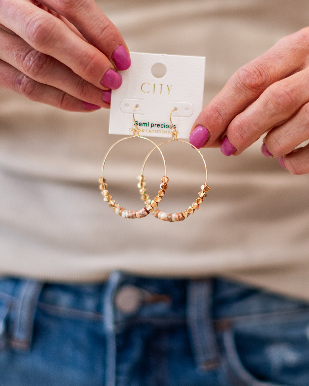 Gold Hoop Earrings with Semi Precious Natural Stones Trendy Wholesale