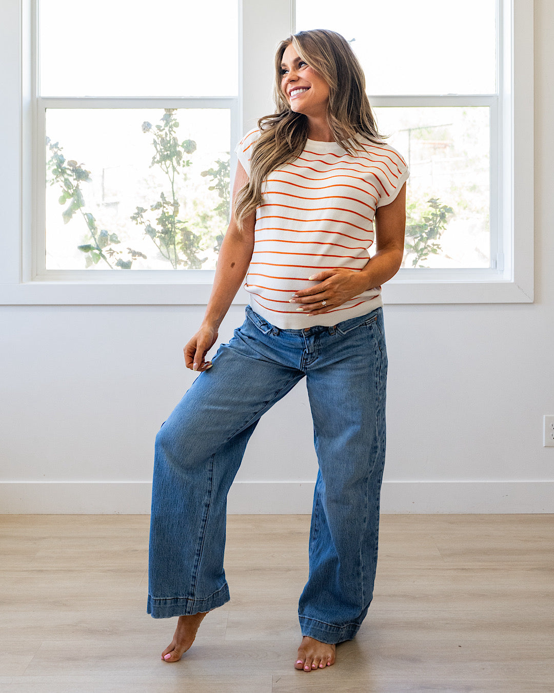 Allie Striped Short Sleeve Sweater - Ivory & Rust Staccato