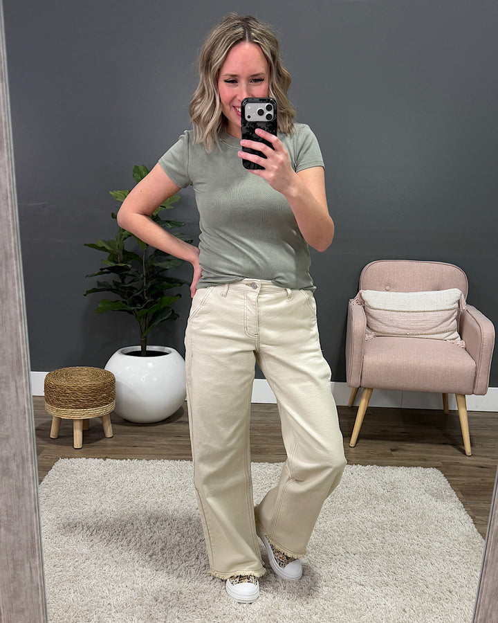 KanCan Natalie Fray Hem Wide Leg Jeans - Cream KanCan