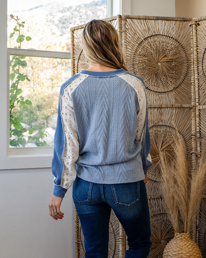 NEW! Angelique Mixed Fabric V Neck Top - Blue Lovely Melody