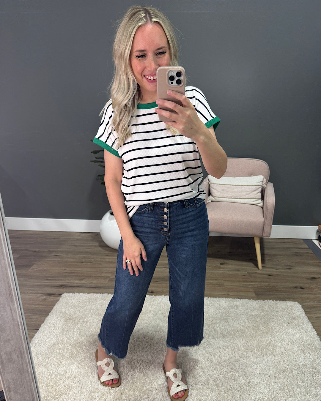 Juliet Striped Ribbed Top - Ivory & Green SALE Staccato