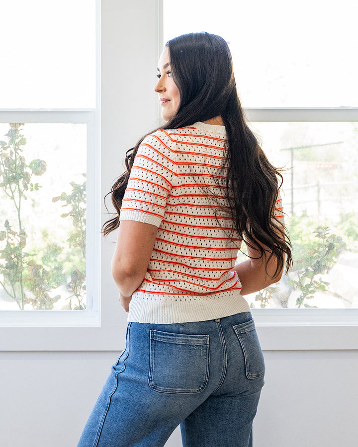Kaitlyn Open Knit Striped Sweater Top - Orange Staccato