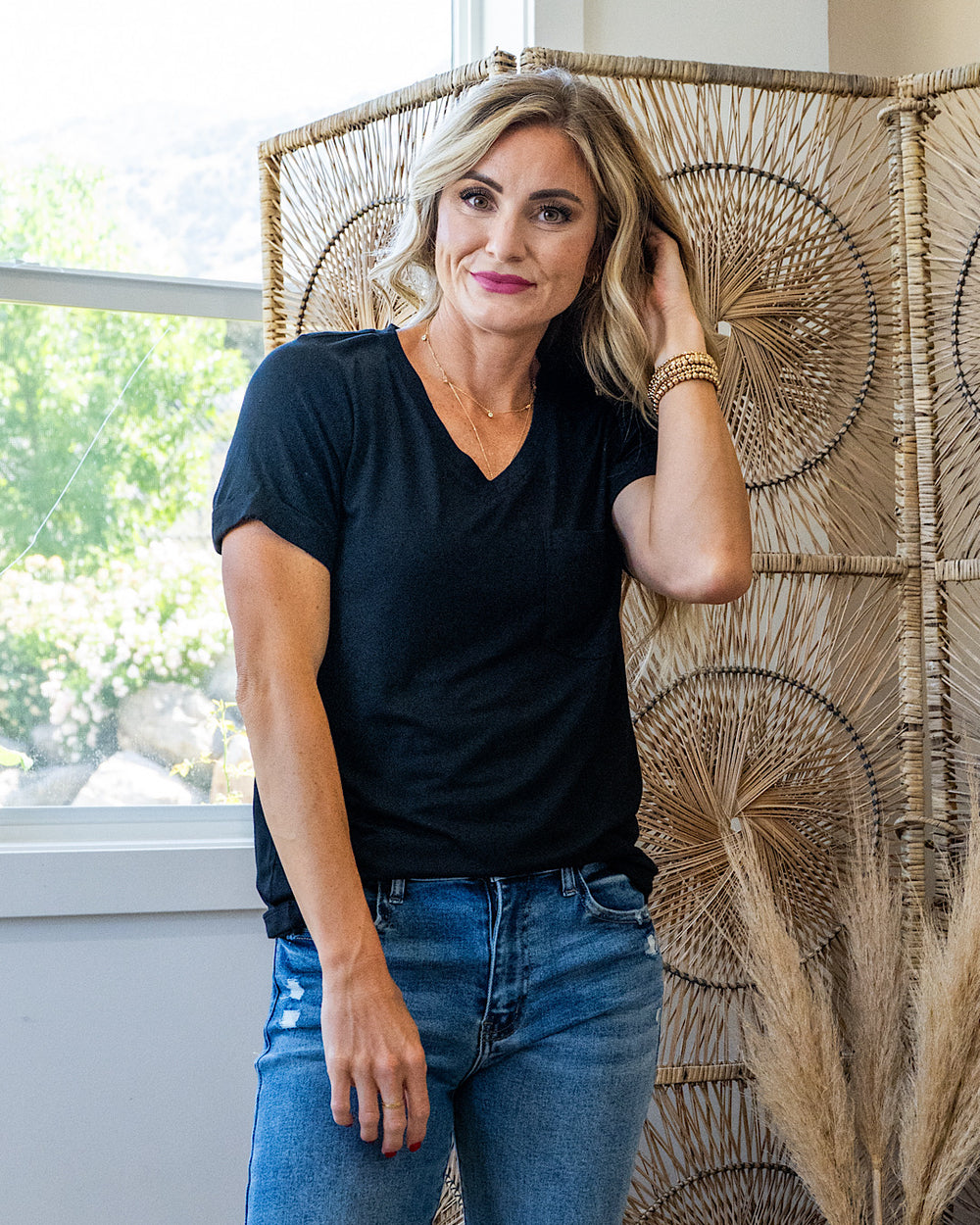 Step Right Out V Neck Pocket Top - Black Michelle Mae