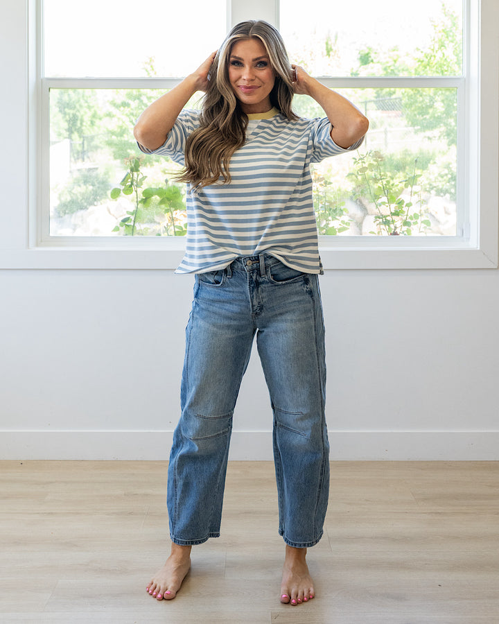 NEW! Hazel Contrast Striped Top - Dusty Blue & Yellow Mine