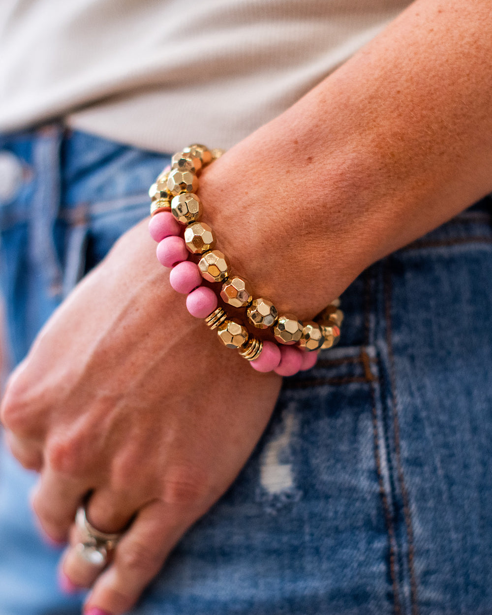 Wooden Pink and Gold Bracelet Set Trendy Wholesale