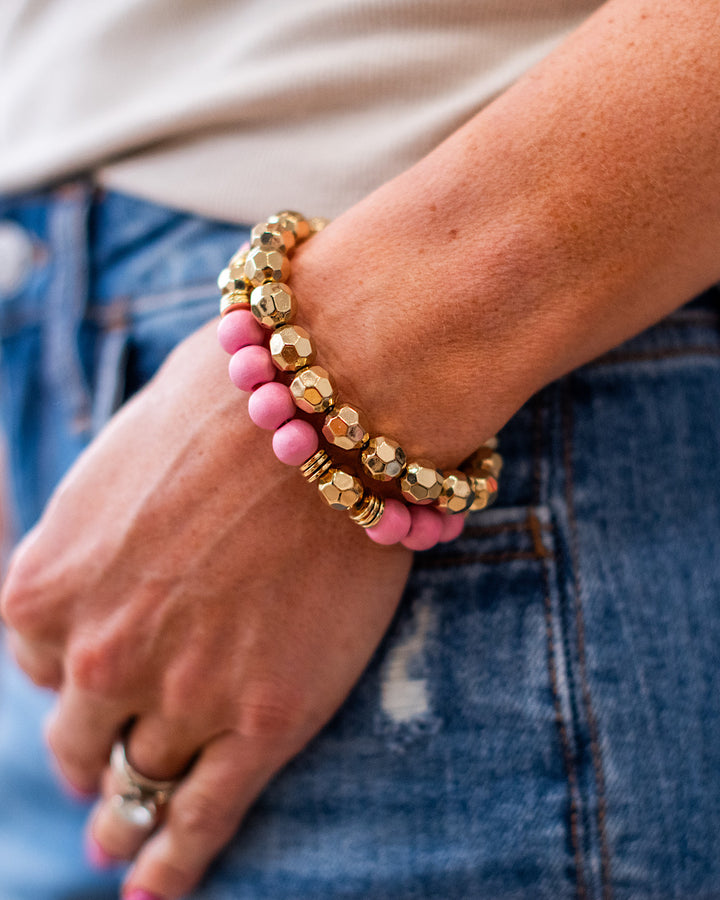 Wooden Pink and Gold Bracelet Set Trendy Wholesale