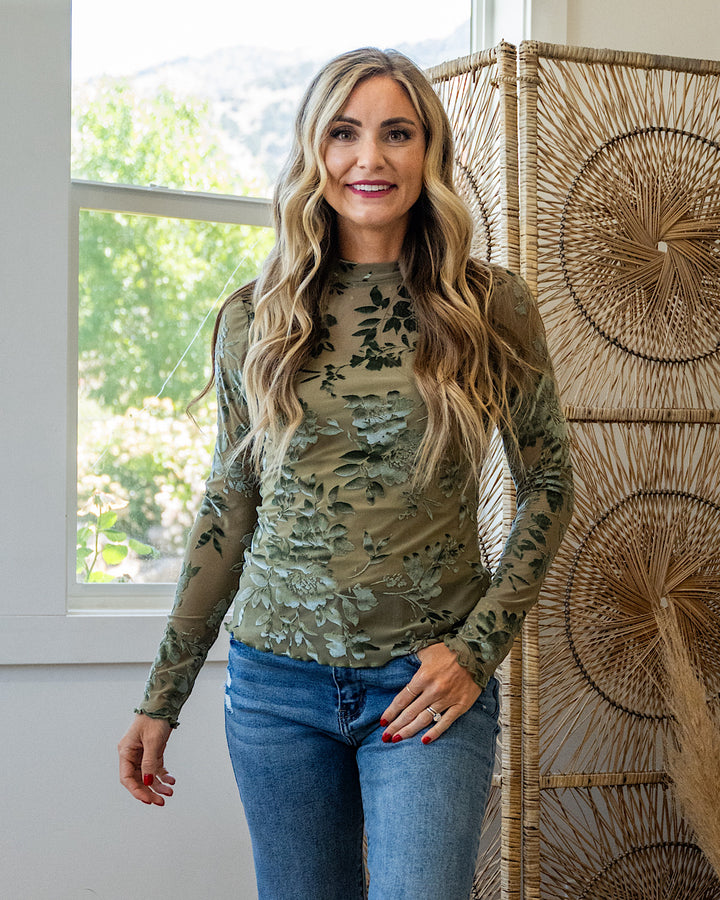 NEW! Andi Mesh Velvet Floral Long Sleeve Top - Olive PS Kate