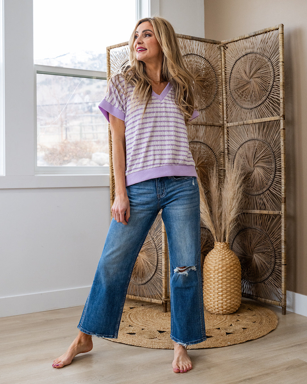 This Love Textured Striped V Neck Top - Lavender SALE Lovely Melody