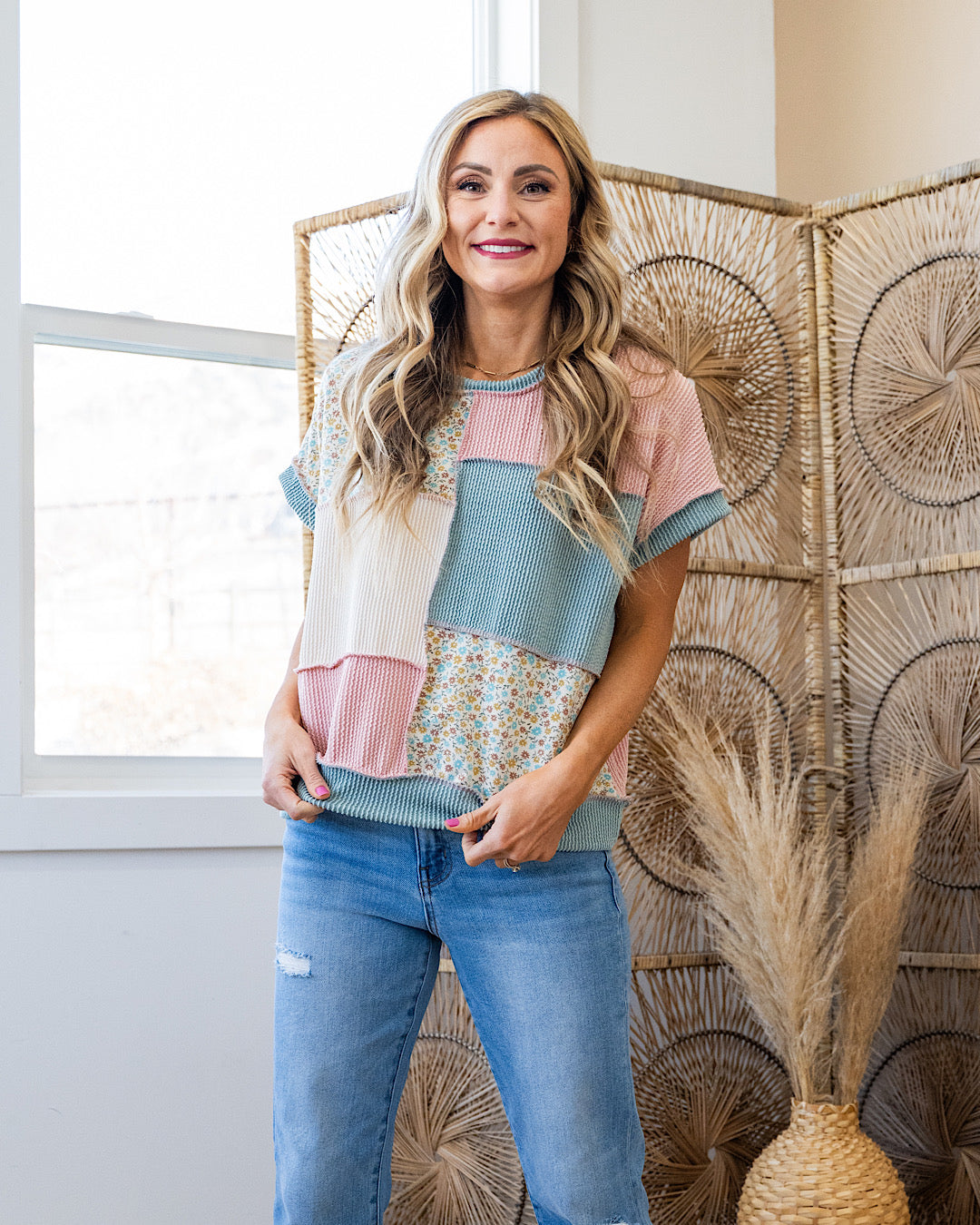 Rochelle Corded Color Block Floral Top - Pale Peach SALE Lovely Melody