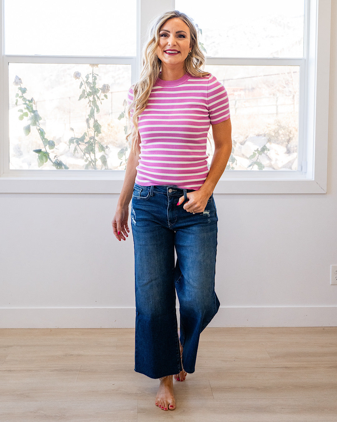 Delaney Striped Short Sleeve Sweater Top - Hot Pink Be Cool