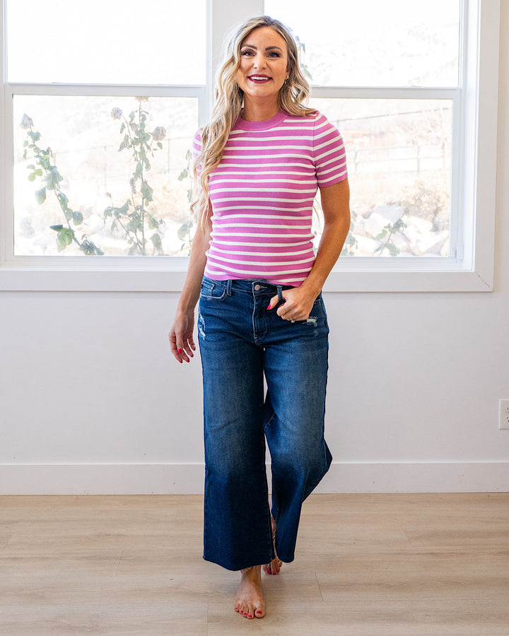 Delaney Striped Short Sleeve Sweater Top - Hot Pink Be Cool