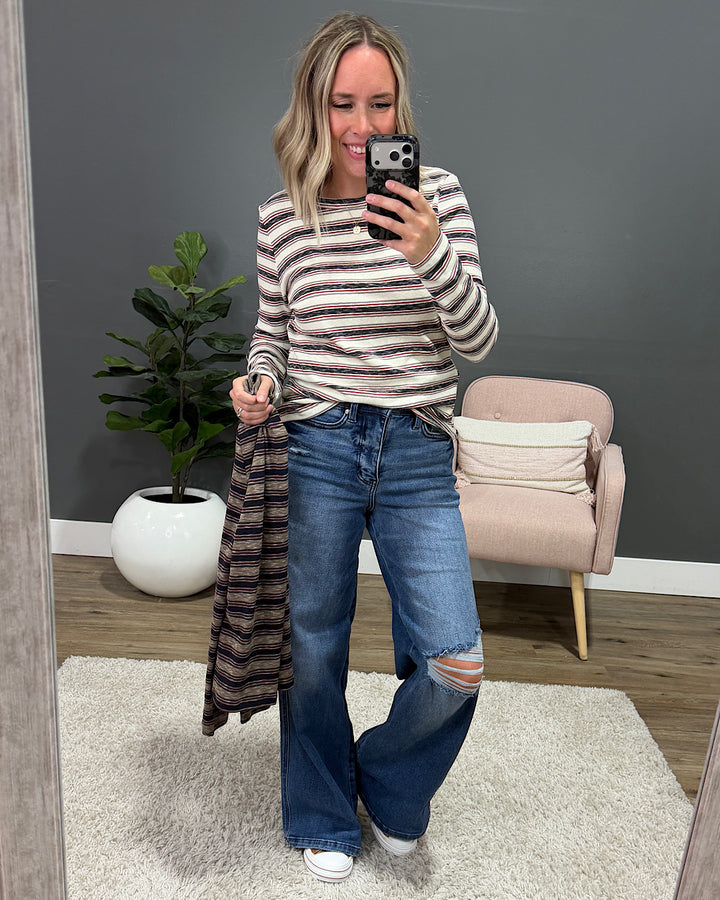 NEW! Alexa Multi Striped Top - Olive, Navy & Burgundy Staccato