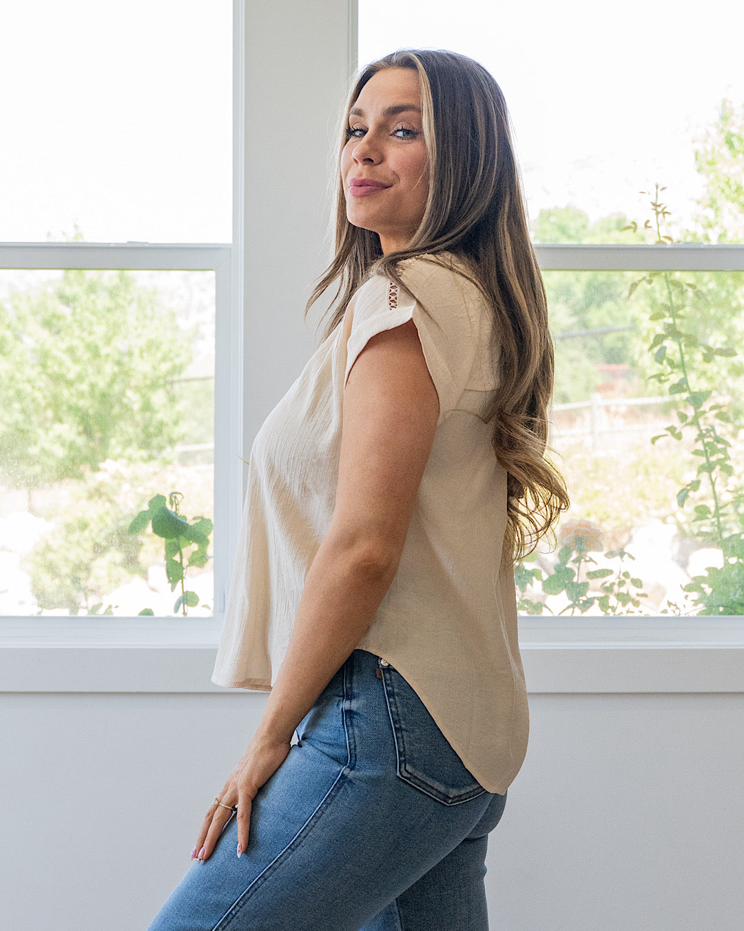 Mariah Lace Trim Top - Light Khaki Mine