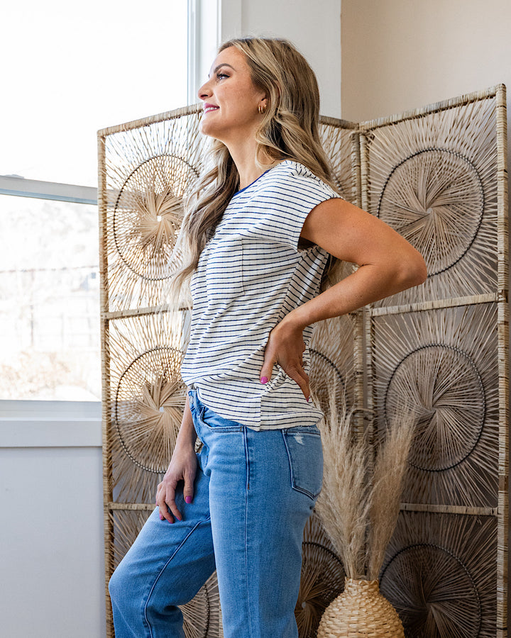 Kinley Pointelle Striped Pocket Top - Navy SALE Staccato