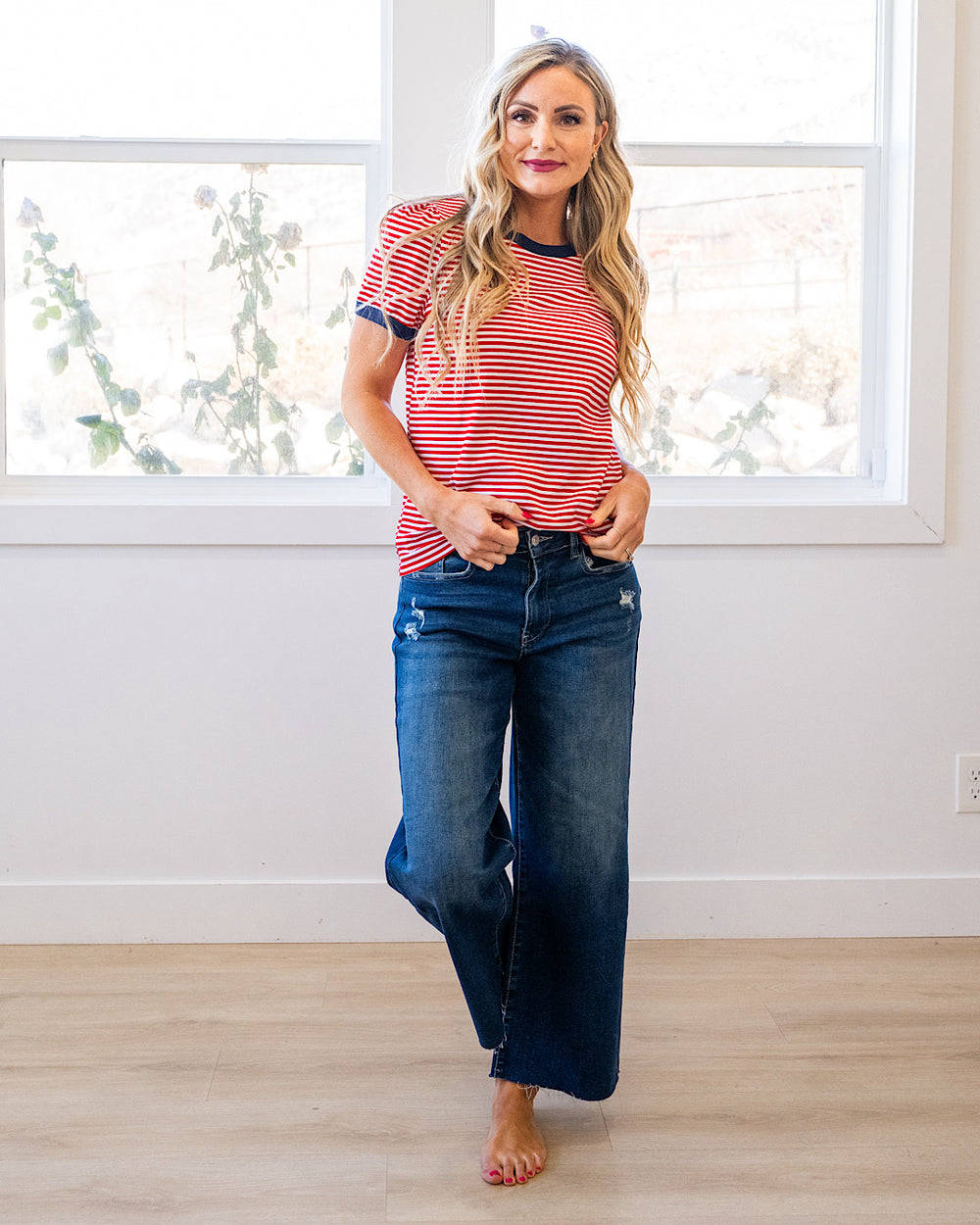 Mandy Puff Sleeve Striped Top - Red & Navy Staccato