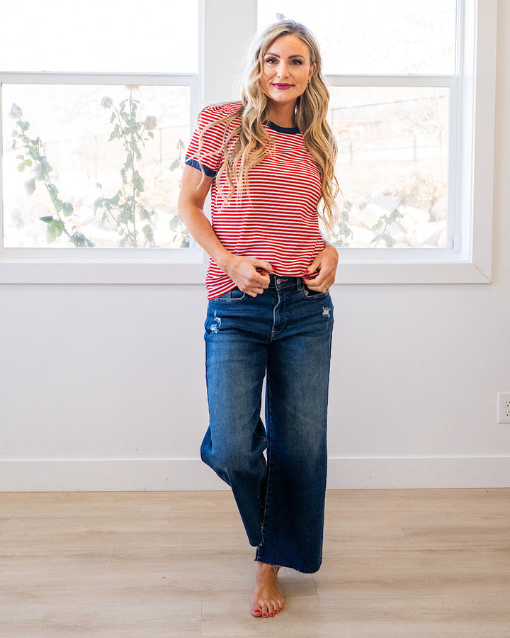 Mandy Puff Sleeve Striped Top - Red & Navy Staccato