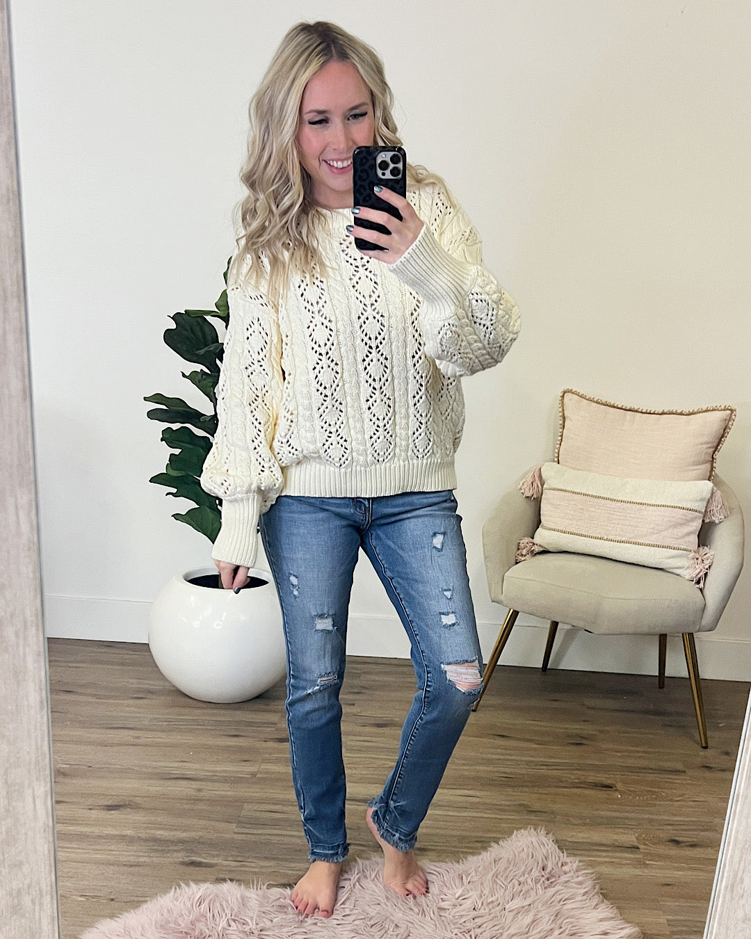 DOORBUSTER! Cream Cable Open Knit Sweater Ces Femme