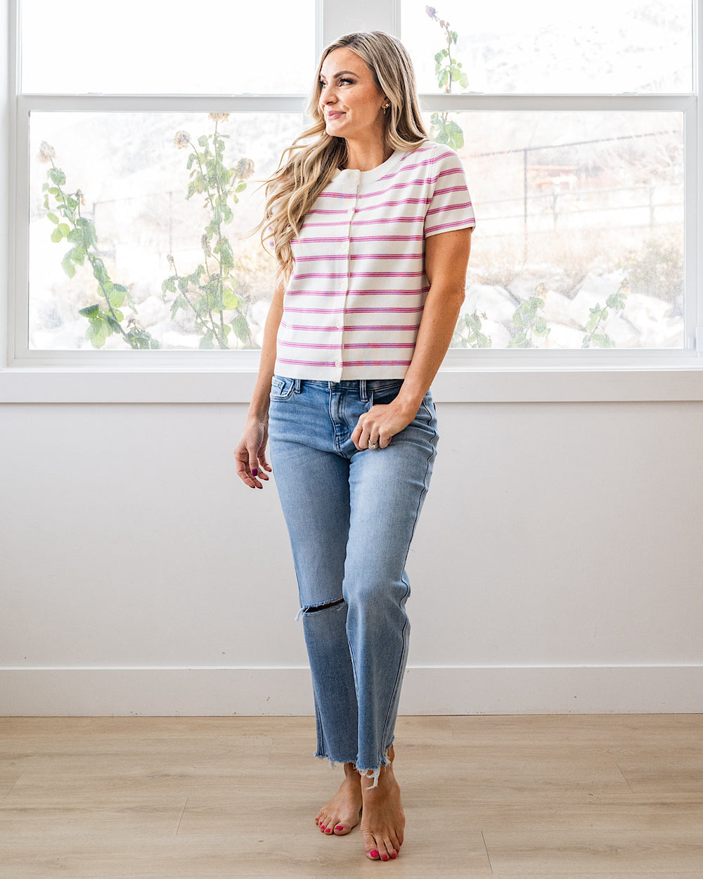Courtney Striped Short Sleeve Cardigan - Pink Be Cool