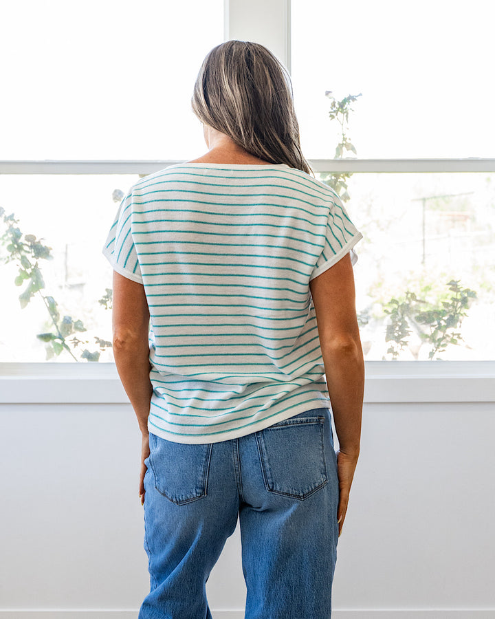 Candice Striped V Neck Sweater Top - Ivory & Green Staccato