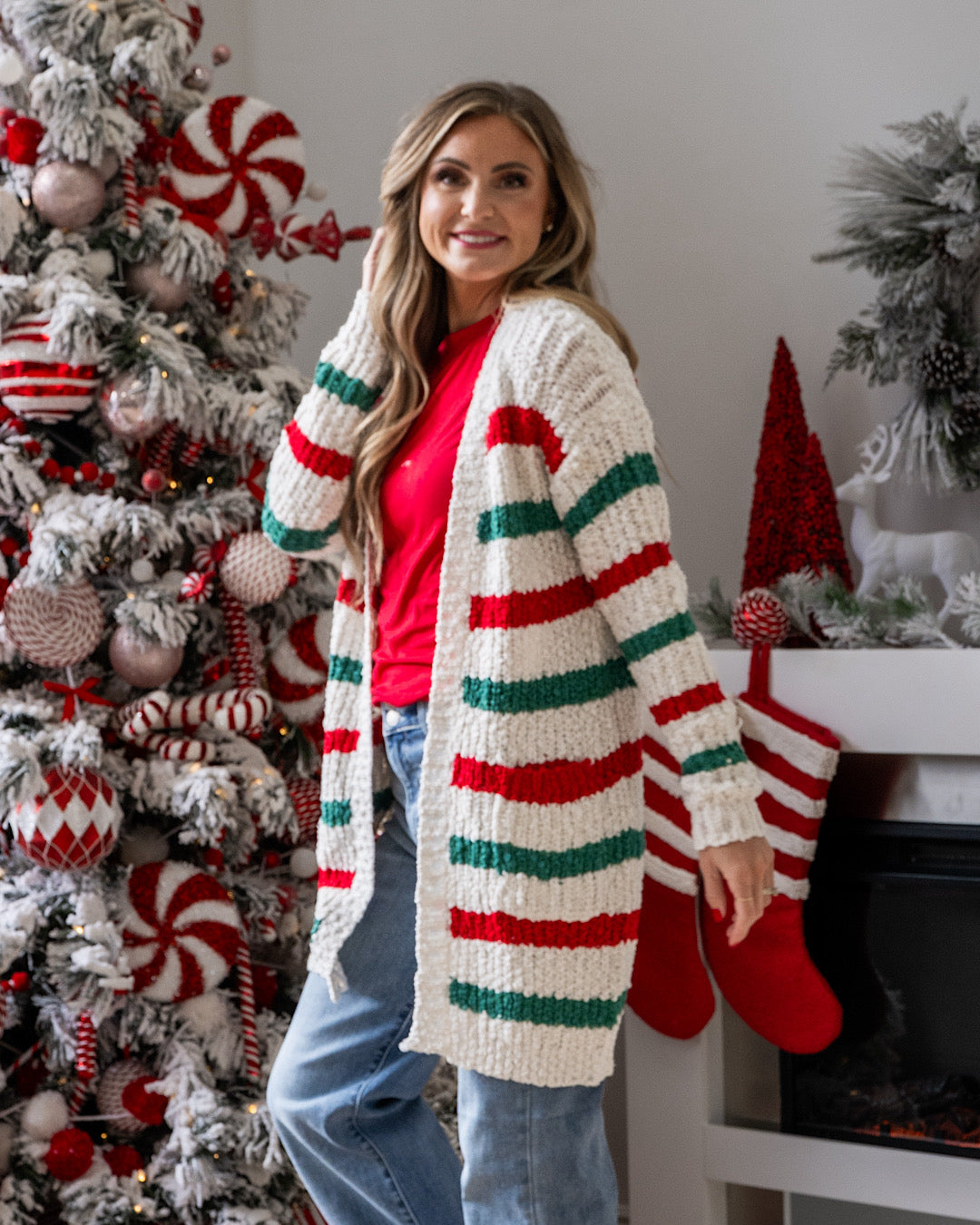 NEW! Christmas Stripe Open Front Cardigan Michelle Mae