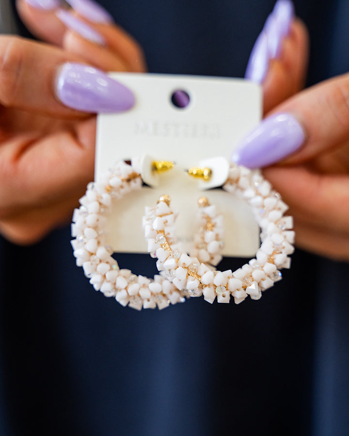 Ivory Stone and Crystal Beaded Open Hoop Earrings Crystals Trading Inc.