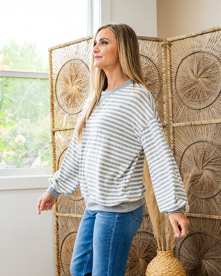 Gianna Striped Drop Shoulder Top - Heather Gray Lovely Melody