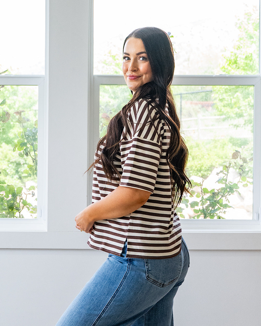 Hazel Contrast Striped Top - Dark Brown & Burgundy Mine