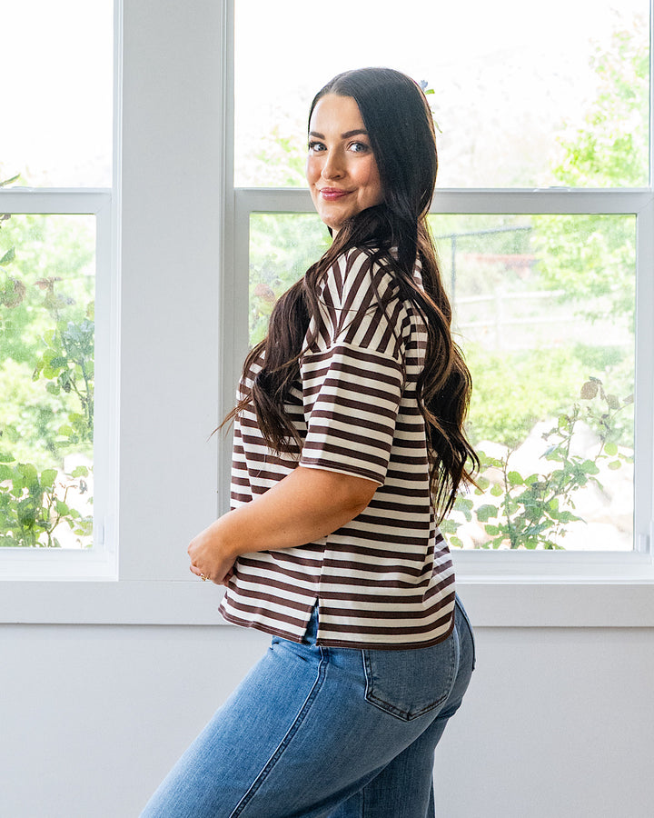 Hazel Contrast Striped Top - Dark Brown & Burgundy Mine