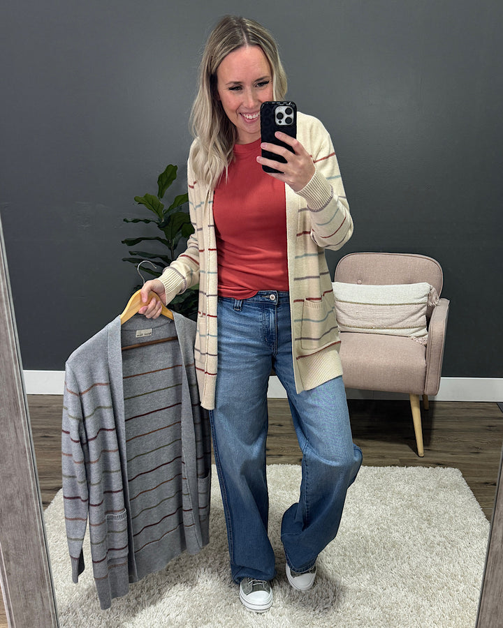 Debbie Striped Open Front Cardigan - Heather Gray Be Cool