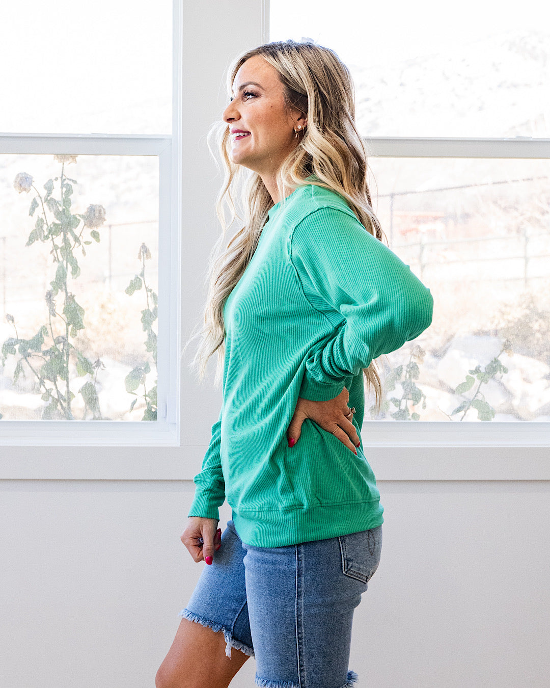 Mia Ribbed Crewneck Top - Emerald Michelle Mae