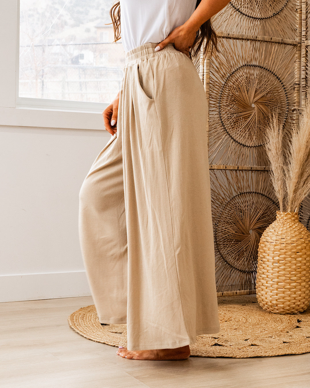 Right Here Wide Leg Pleated Knit Pants - Beige Heyson
