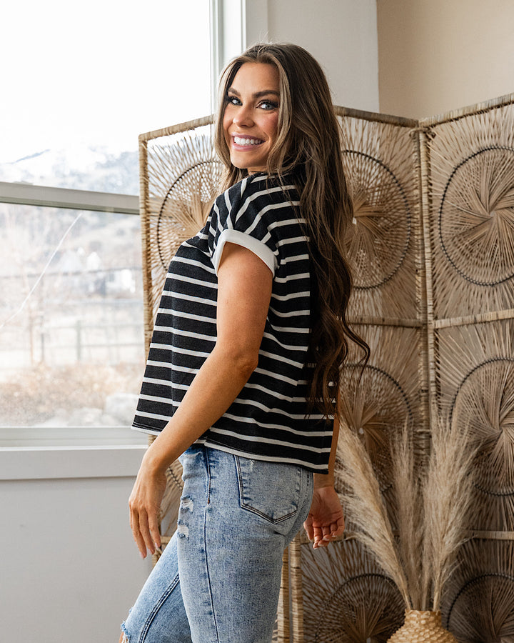 Nina Faded Striped Drop Shoulder Top - Black SALE Lovely Melody