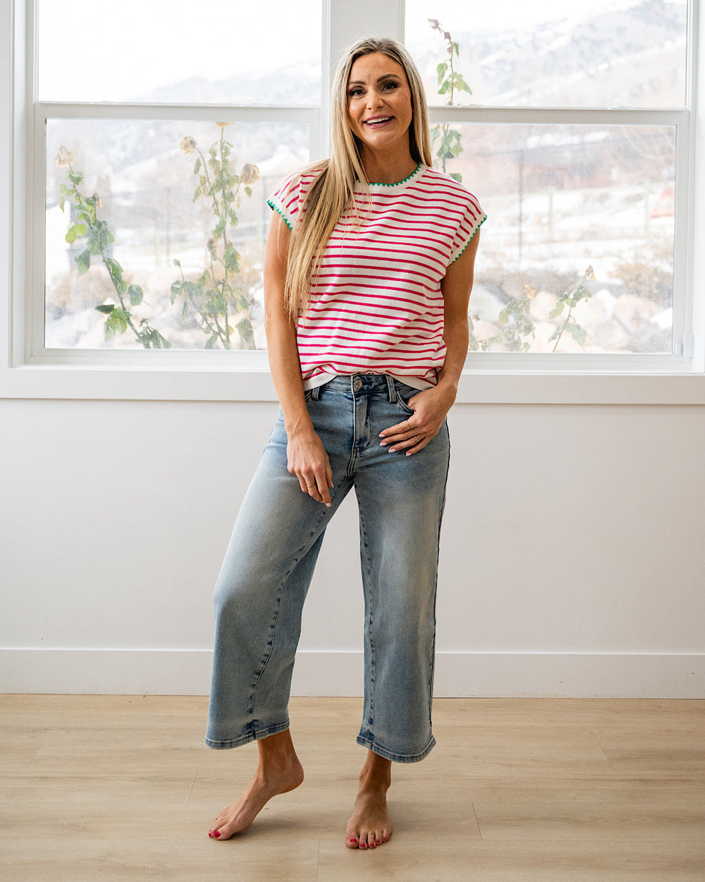 NEW! Be There Striped Short Sleeve Sweater - Pink Staccato