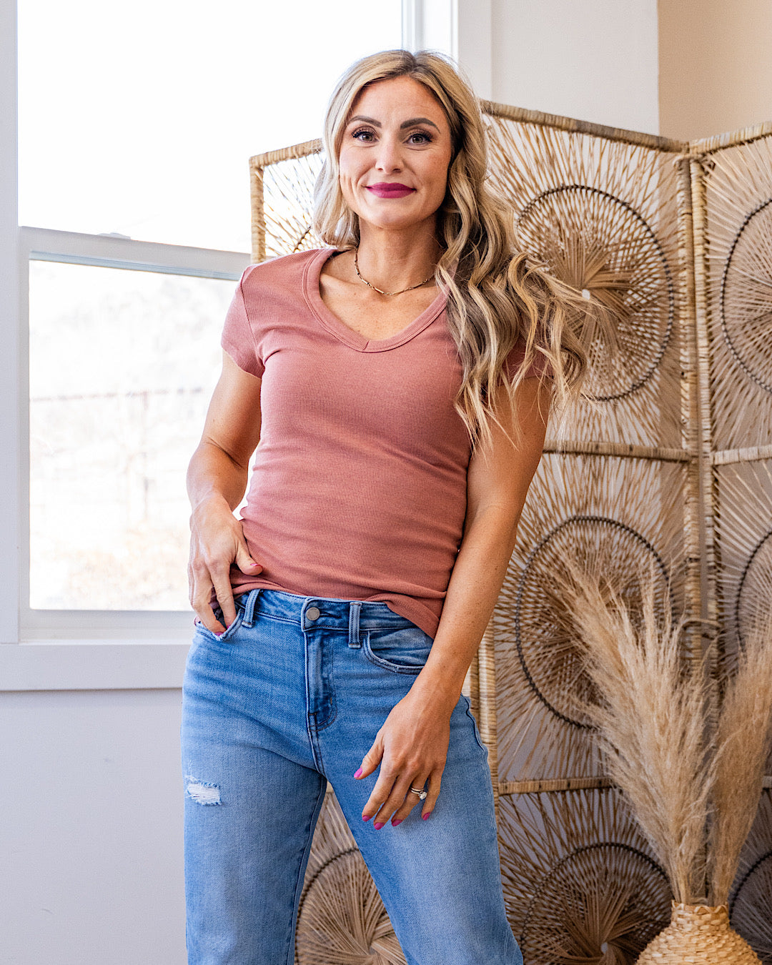 Annie Micro Ribbed V Neck Top - Color Options Available! Staccato Rust