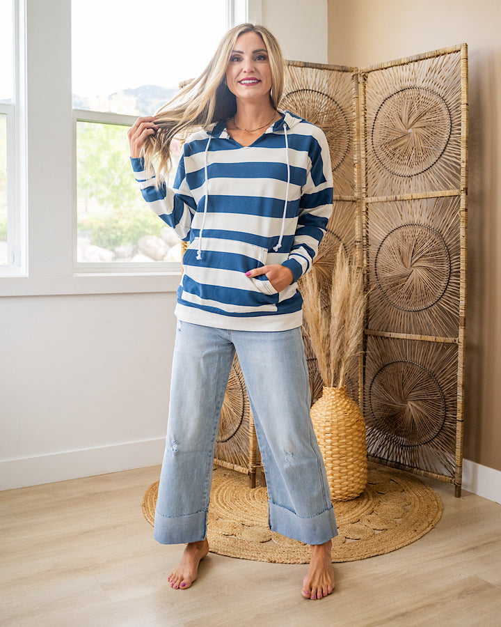 Rylie Striped Lightweight Hoodie - Navy and White Michelle Mae