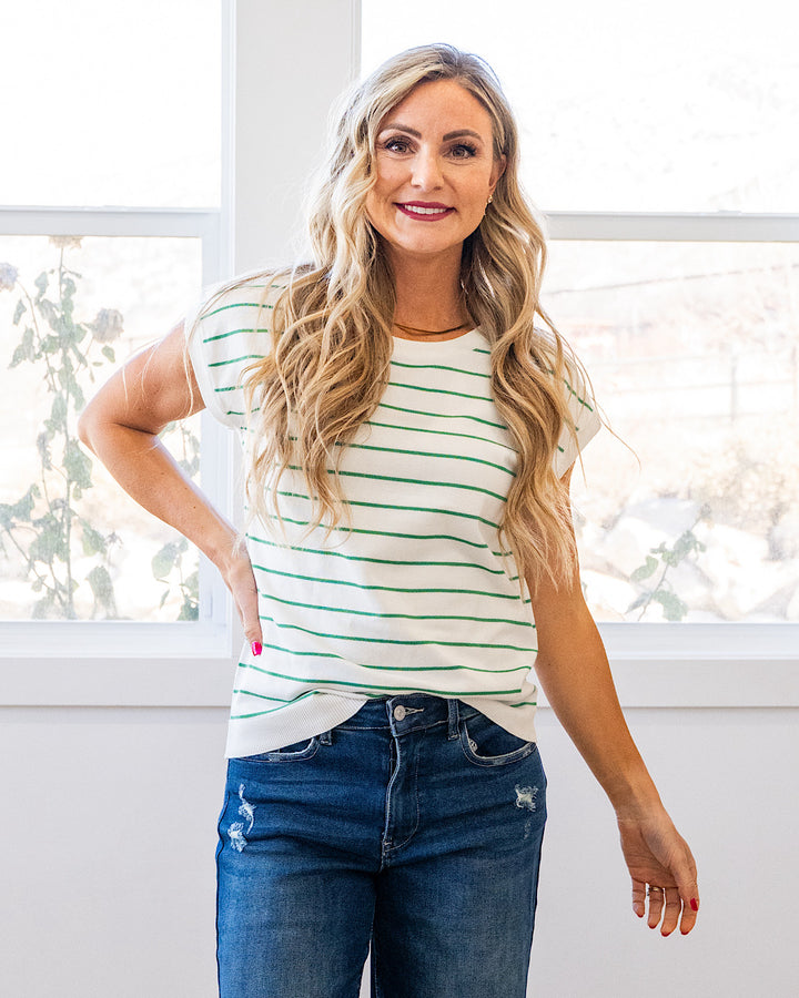 Allie Striped Short Sleeve Sweater - Ivory & Green Staccato