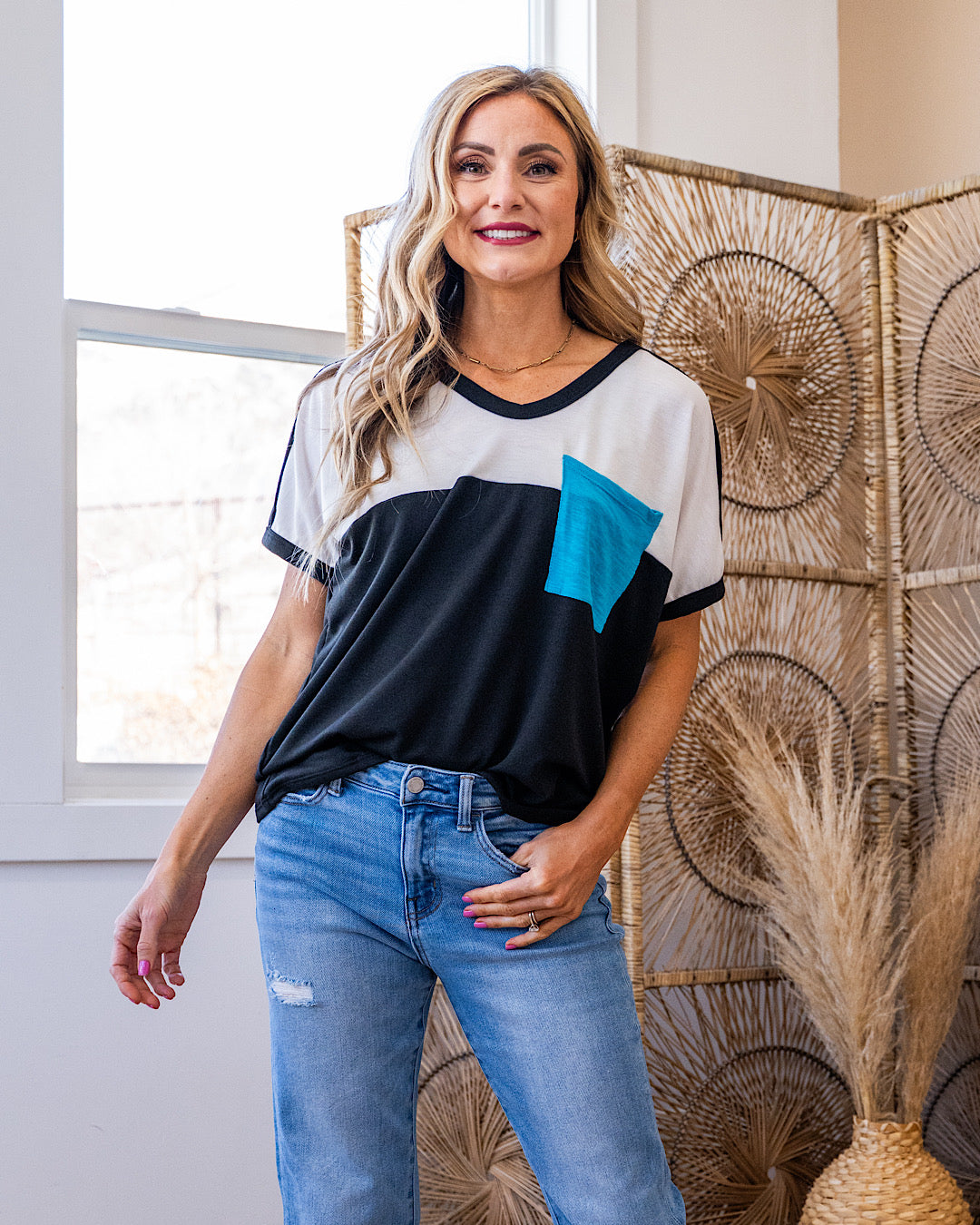 Heather Color Block Top with Contrast Pocket - Color Options Available! Bibi Black