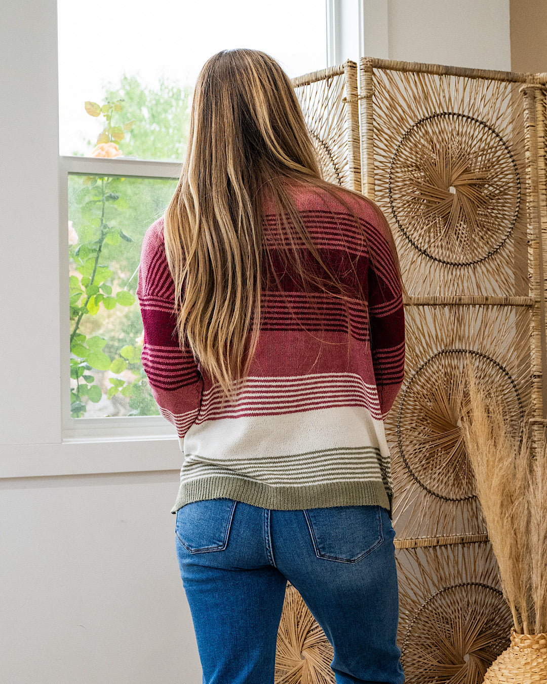 Janelle Multi Color Knit Sweater - Rose & Burgundy Staccato