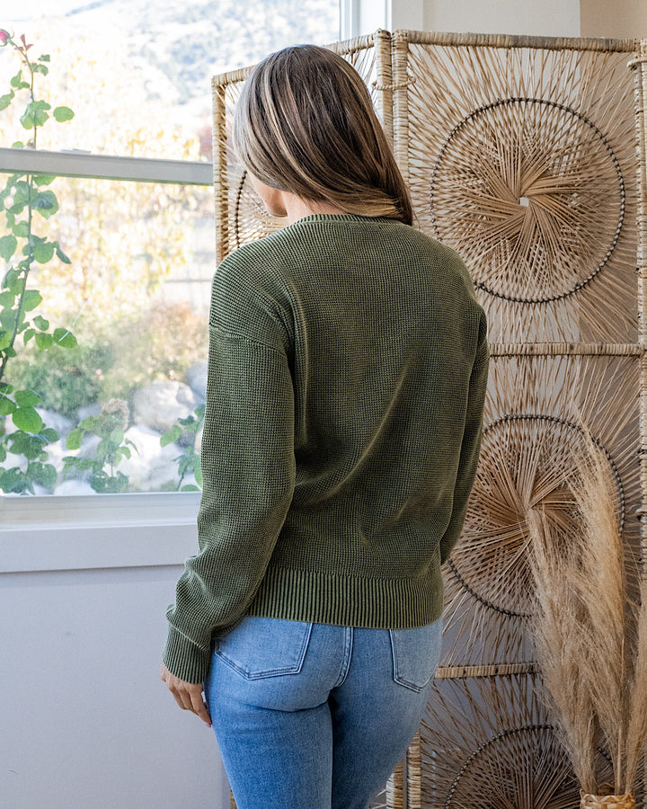 Called It All Off Washed Waffle Knit Sweater - Olive Staccato