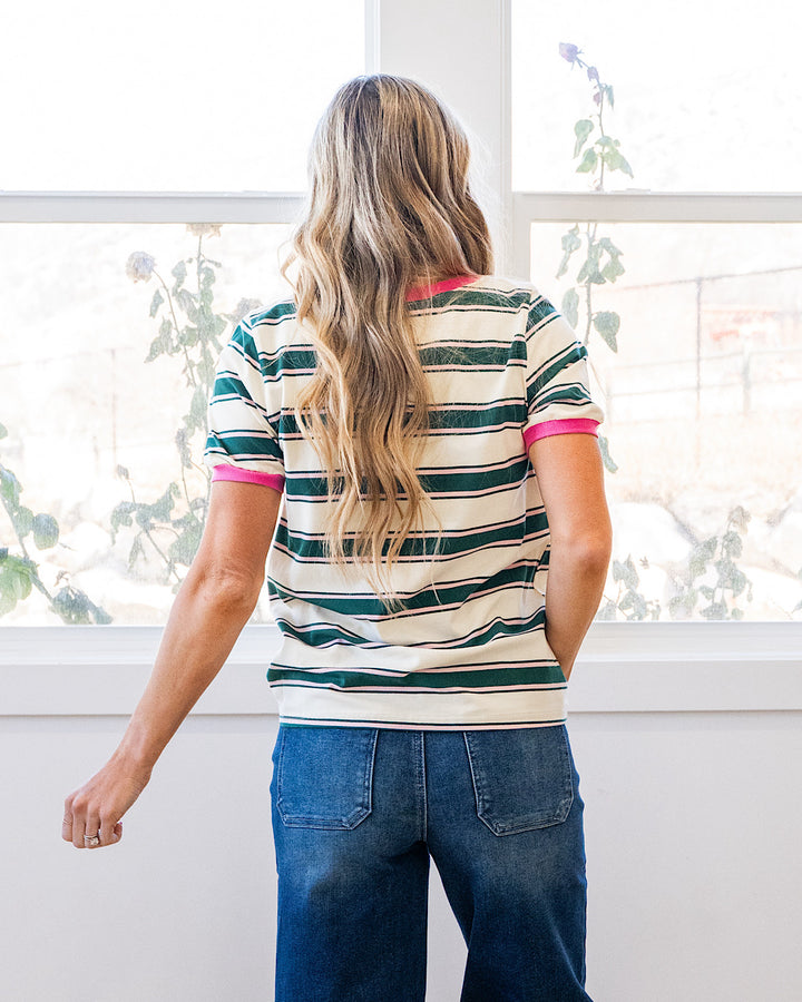Shauna Contrast Striped Top - Green & Pink Staccato