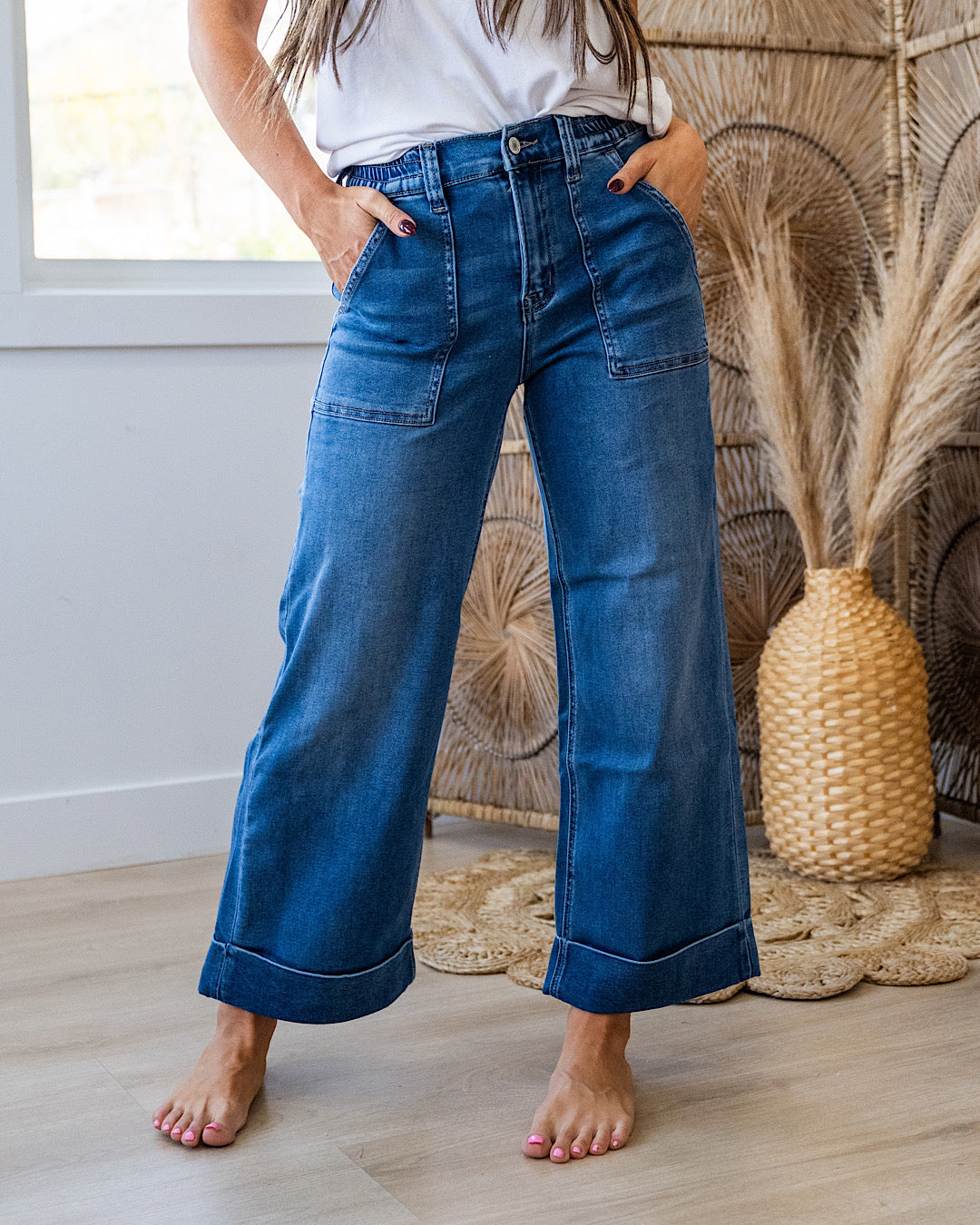 Vervet Maggie Roll Hem Elastic Waist Wide Leg Jeans Vervet