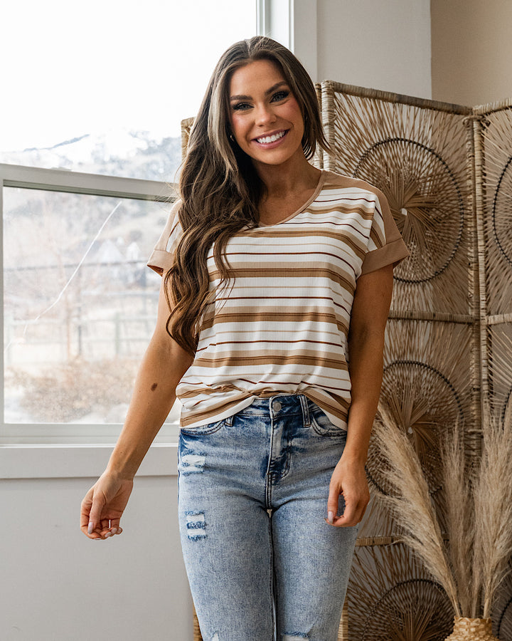 Kimmy Striped Color Block V Neck Top - Taupe SALE Staccato