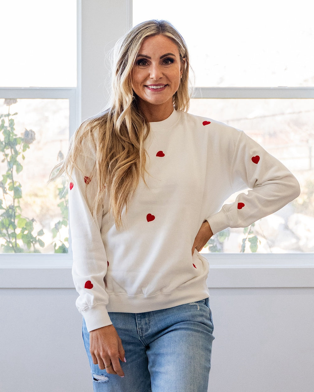 Heart Embroidered Fleece Crewneck Sweatshirt - Color Options Available! Reflex Ivory