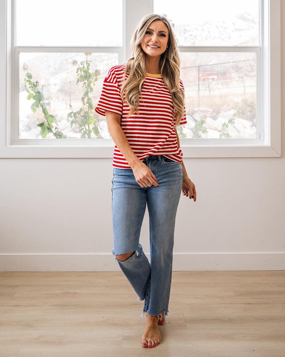 NEW! Ellie Contrast Striped Top - Red & Yellow Staccato